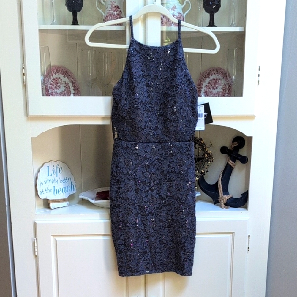 Elegant Slate Blue Lace Dress